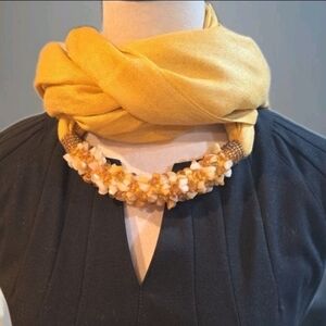 Pashmina Scarf With Amber & Gold Beads Necklace Cashmere